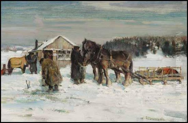 Winter, Feeding The Horses / Landscape (verso) Oil Painting by Peleg Franklin Brownell