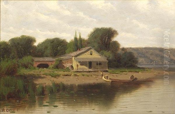 House By Theriver With Figures And Canoes Oil Painting by William Blair Bruce