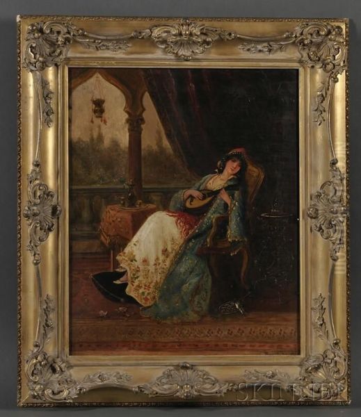 Oriental Beauty Playing An Oud Oil Painting by Lajos Bruck