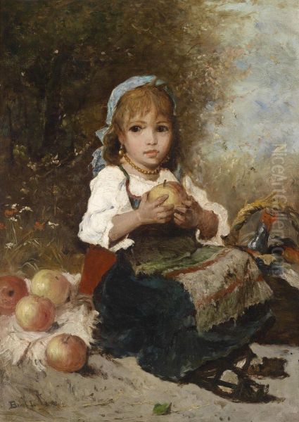 Girl Infolk Costume Eating An Apple Oil Painting by Lajos Bruck