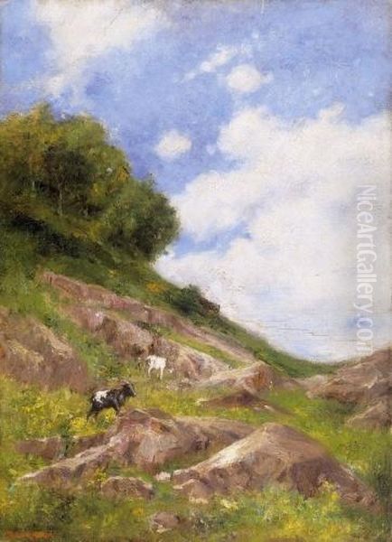 Goats In Rocky Landscape Oil Painting by Miksa Bruck