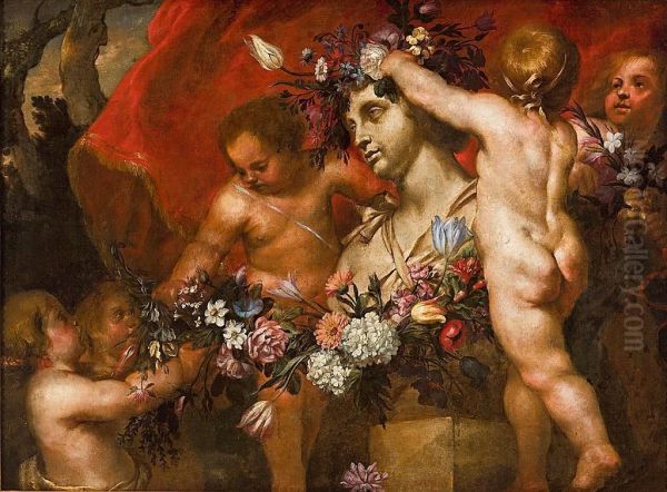 Putti Adornando Un Busto De Flora Oil Painting by Abraham Brueghel