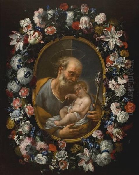 Ghirlanda Di Fiori Con San Giuseppe E Il Bambino Oil Painting by Abraham Brueghel