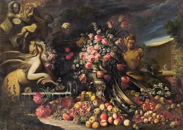 Stillleben Mit Fruchten, Blumen Und Steinfiguren Oil Painting by Abraham Brueghel