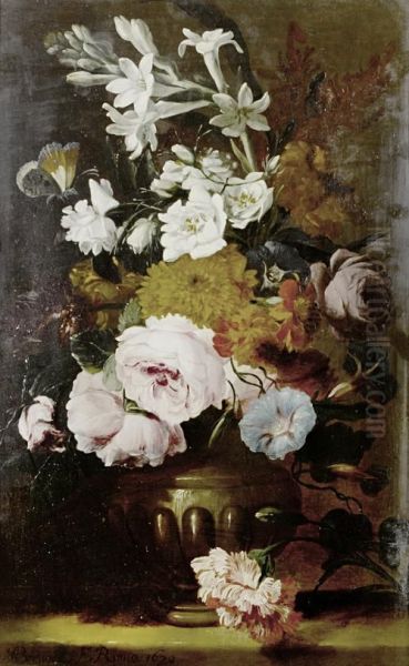 Roses, Jasmine, Primroses And Other Flowers Inan Urn On A Table Top Oil Painting by Abraham Brueghel