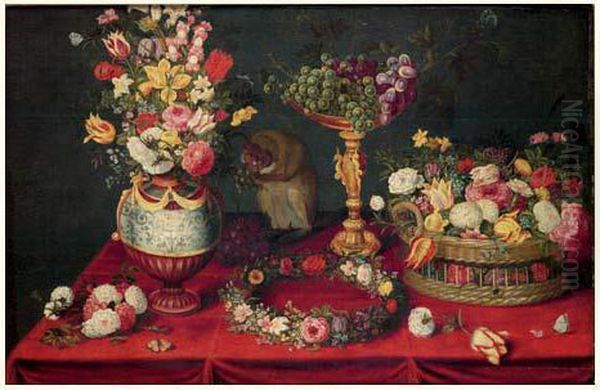 Nature Morte, Fruits, Fleurs Et Singe Oil Painting by Ambrosius Brueghel