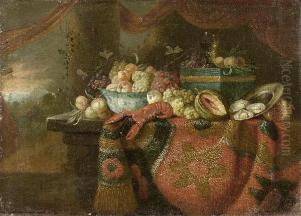 Still Life With Fruits, Oysters And Lobster On A Table Before A Landscape Oil Painting by Jan Baptist Brueghel