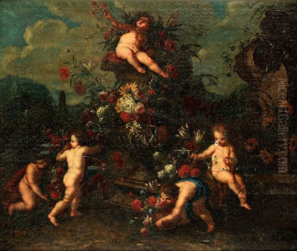 Hans Krets Lekande Putti Vid Blomsterurnor Oil Painting by Jan Baptist Brueghel