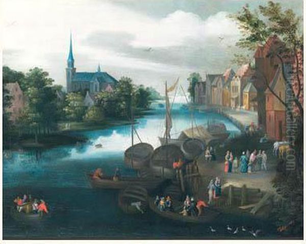 Scene De Village Au Bord D'un Canal Oil Painting by Jan Baptist Brueghel