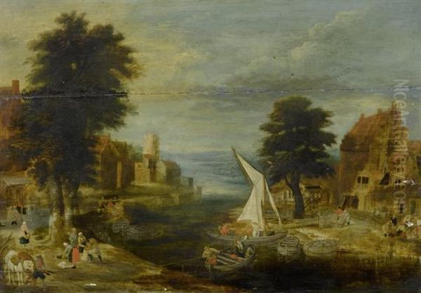 Town By A River With Tradespeople And Fishermen Oil Painting by Jan The Elder Brueghel