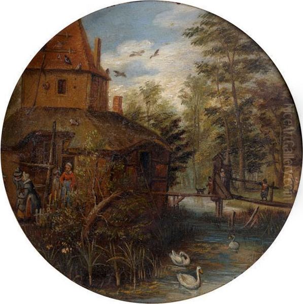 Paysans Devant Une Chaumiere En Bord De Riviere Oil Painting by Jan The Elder Brueghel