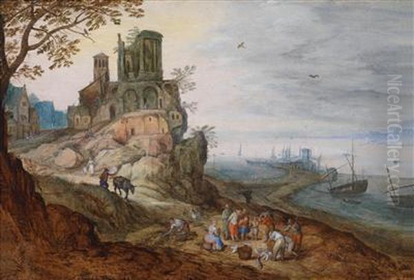 A Extensive Coastal Landscape With A Port Oil Painting by Jan Brueghel the Younger