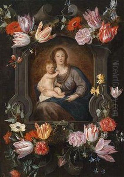 The Virgin And Child Surrounded By A Floral Cartouche Oil Painting by Jan Brueghel the Younger