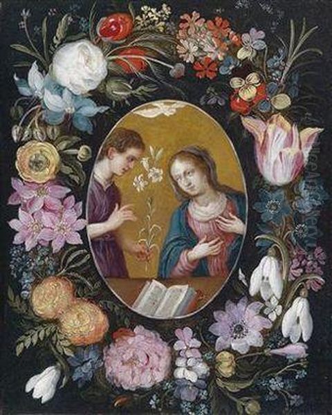 Annunication To The Virgin Within A Wreath Of Flowers Oil Painting by Jan Brueghel the Younger