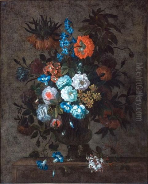 Iris, Garofani, Campanule, Rose E Altri Fiori In Un Vaso Su Un Piano Oil Painting by Jan Peeter Brueghel