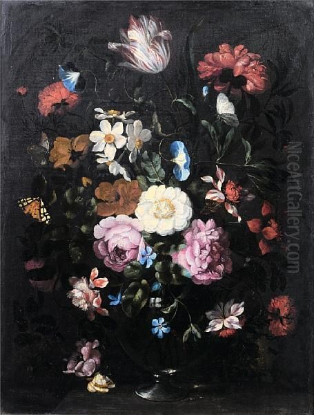 A Tulip, Roses, Convolvulus And Other Flowersin A Glass Vase On A Table Top Oil Painting by Jan Peeter Brueghel