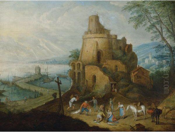 Figures By A Port Oil Painting by Jan Peeter Brueghel