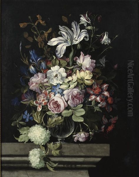 Roses, Irises, Lillies And Other Flowers In A Glass Vase On A Stone Ledge Oil Painting by Jan Peeter Brueghel