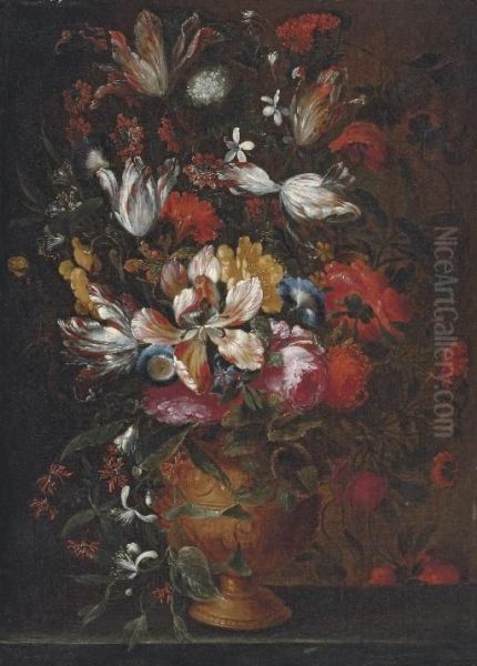 Roses, Tulips, Irises And Other Flowers In A Bronze Urn On A Stone Ledge Oil Painting by Jan Peeter Brueghel