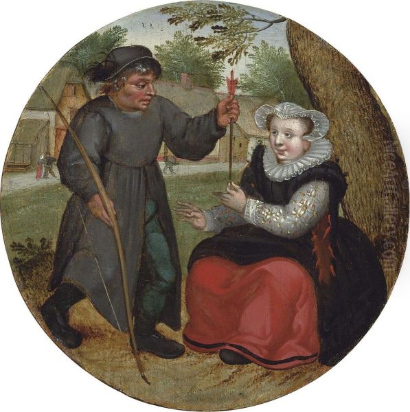 A Burgher Handing An Arrow To A Lady Oil Painting by Pieter The Younger Brueghel