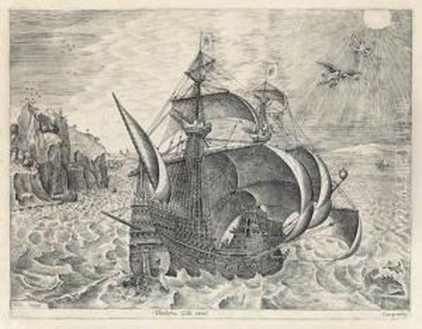 Man Of War Sailing To The Right, 
With Daedalus Andicarus Oil Painting by Pieter III Brueghel