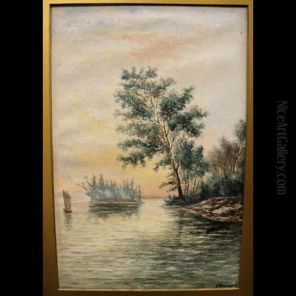 Boat By Island; Woodland Creek Study Oil Painting by George Robert Bruenech