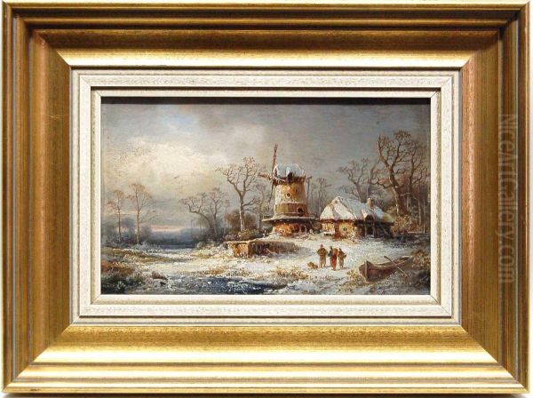 Winterlandschaft Mit Windmuhle Oil Painting by Colestin Brugner