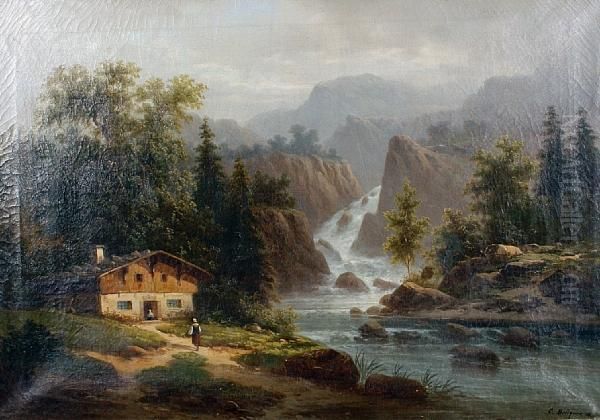 View Of An Alpine Chalet, A Waterfallbeyond Oil Painting by Colestin Brugner