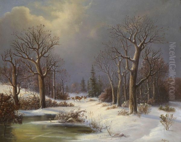 Winterlandschaft Mit Rehen Oil Painting by Colestin Brugner