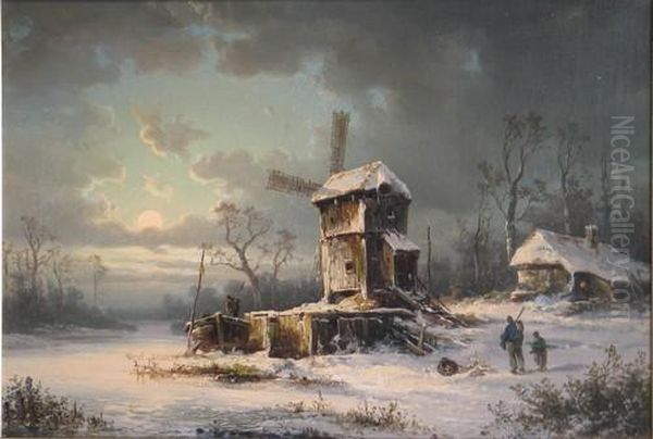 Romantische
 Winterlandschaft Mit Windmuhle Und Personen Oil Painting by Colestin Brugner