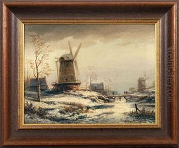 Winterlandschaft Mit Windmuhlen Oil Painting by Colestin Brugner