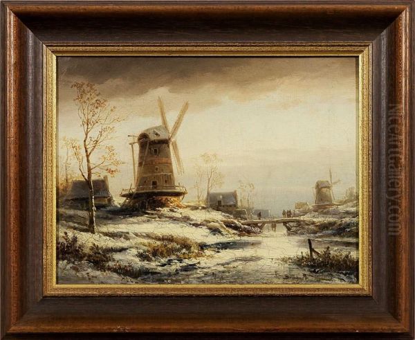 Winterlandschaft Mitwindmuhlen Oil Painting by Colestin Brugner