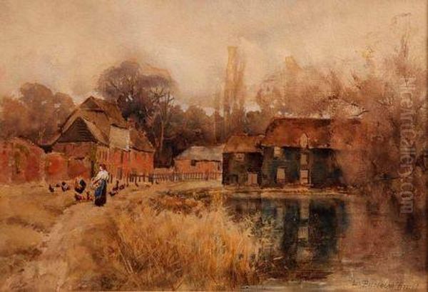 Figure And Chickens By A River Oil Painting by Louis Burleigh Bruhl