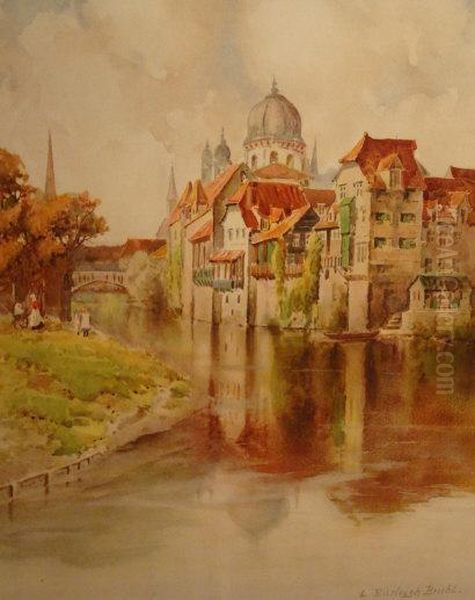 Riverside And Canal View To City, Probably Bruges Oil Painting by Louis Burleigh Bruhl