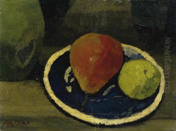 Birne Und Apfel In Blauer Schale Oil Painting by Hans Bruhlmann