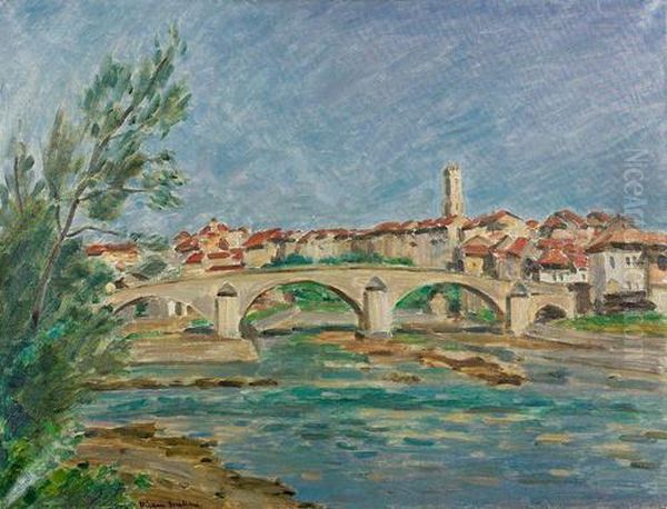 Ansicht Von Fribourg Und Dem Pont Du Milieu. Oil Painting by Ernest Hiram Brulhard