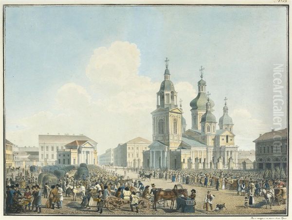 Sennaia Square, St Petersburg Oil Painting by Alexander Pavlovich Bruloff