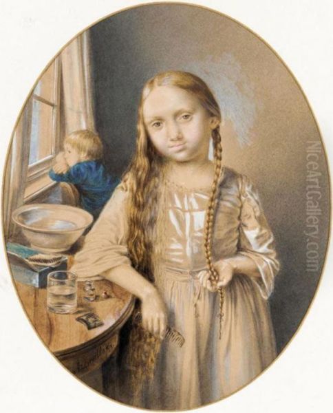 Young Girl Brushing Her Her Oil Painting by Alexander Pavlovich Bruloff