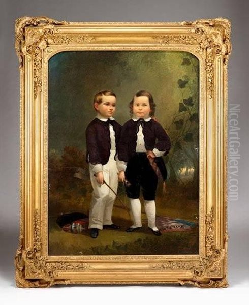 Portrait Of Rob And Tom Lindsay, Circa 1860 Oil Painting by Constantino Brumidi