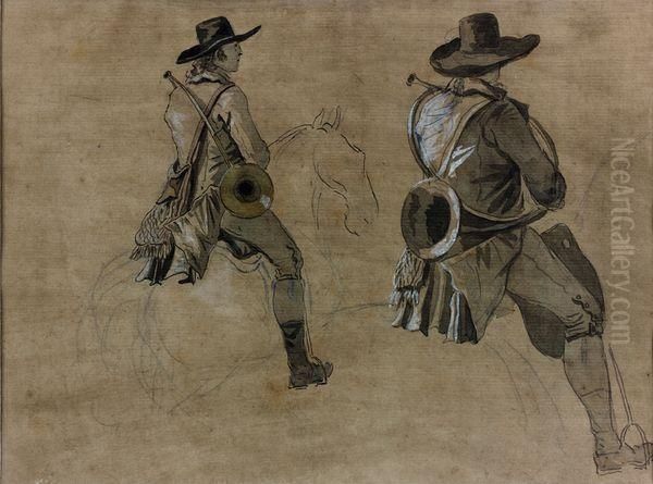 Deux Etudes D'un Sonneur A Chasse A Cour Sur La Meme Feuille Oil Painting by Louis Auguste Brun De Versoix