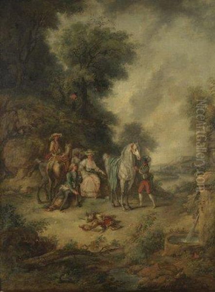 La Halte Des Chasseurs Devant Une Fontaine. Oil Painting by Louis Auguste Brun De Versoix