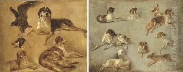 Study Of Four Dogs And An Eagle; And Study Of Seven Dogs A Hare And A Goat Oil Painting by Louis Auguste Brun De Versoix