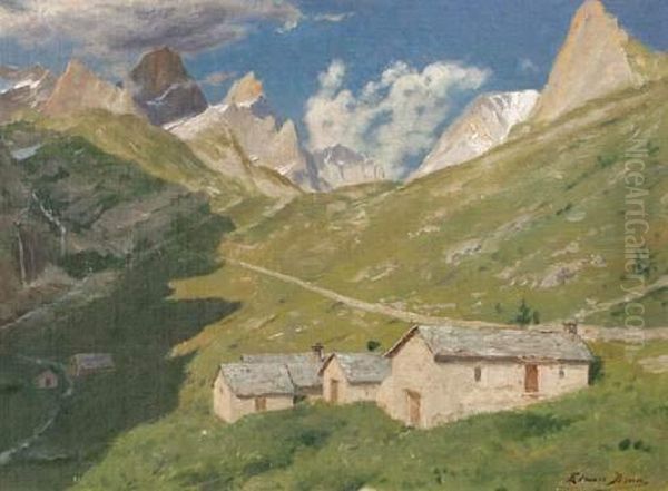 Chalets De La Gliere (a Gauche, Aiguille Et Pointe De La Gliere, Aiguille De Lepeira Et Col De La Grande Casse. Oil Painting by Edouard Brun