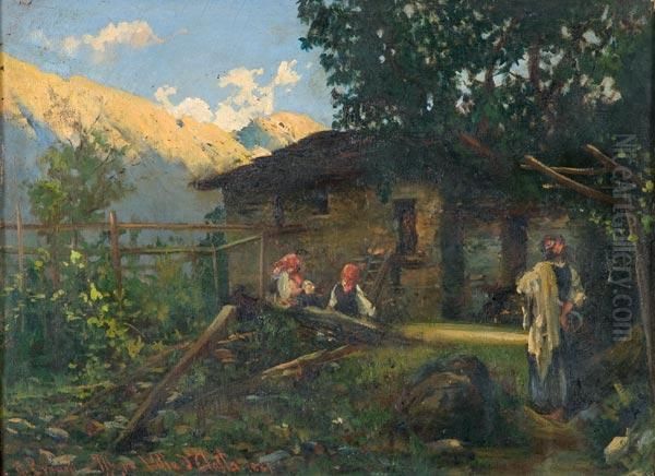 Paesaggio Montano Con Baita E Figure Oil Painting by Gabriele Brunati