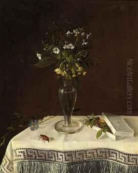 A Bouquet Of Wild Flowers In A Glass Vase On A Draped Table Oil Painting by Heinrich Brune