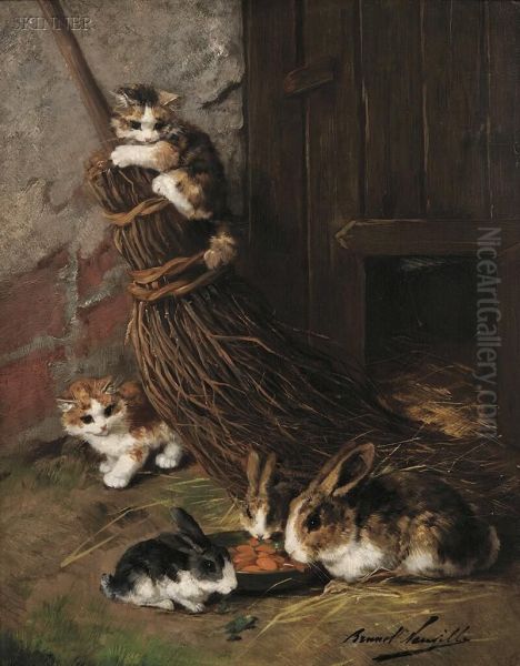 Kittens At Play With Rabbits At Feed Oil Painting by Alphonse de Neuville