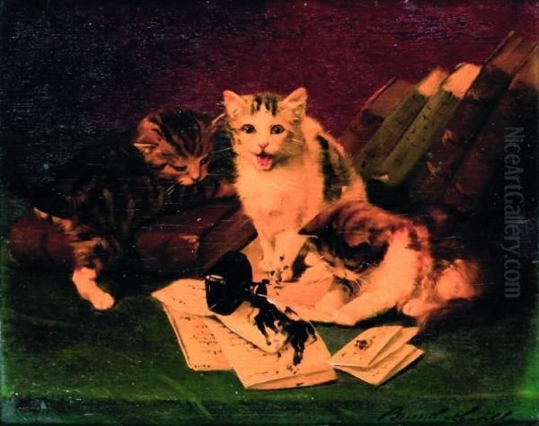 Drie Poesjes Spelend Bij Inktpot Oil Painting by Alphonse de Neuville