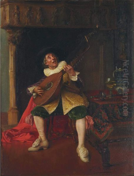 Lute Player Oil Painting by Francois Brunery