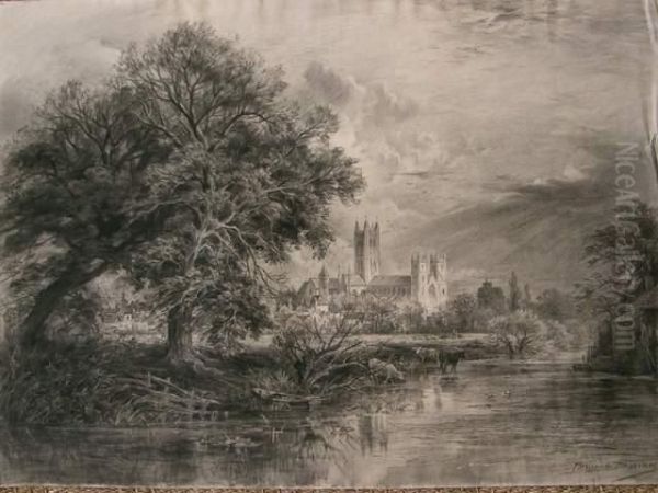 Dessin Au Fusain. Paysage A La Cathedrale. Oil Painting by Alfred Louis Brunet-Debaines