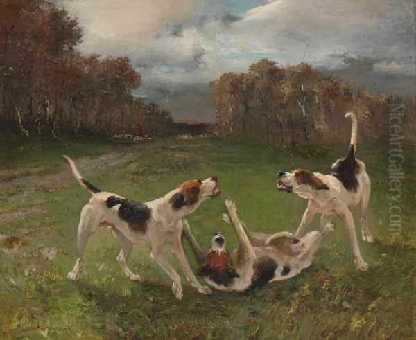 Spielende Jagdhunde Oil Painting by Pierre Auguste Brunet-Houard